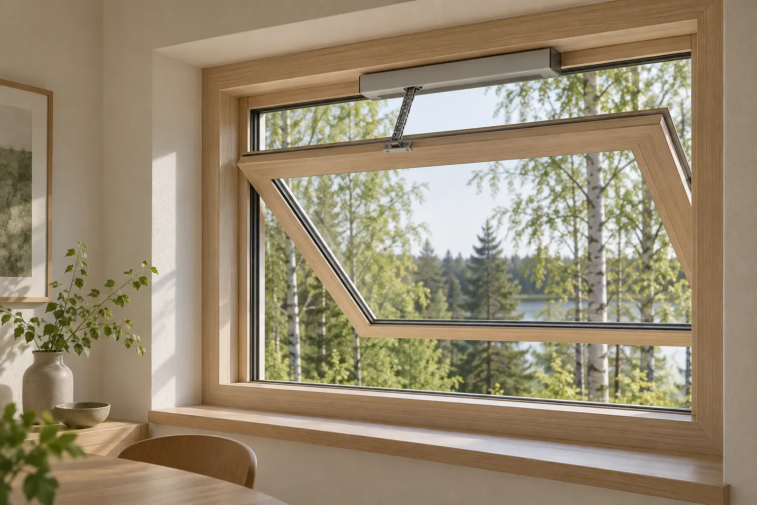 Illustration of a timber window with an electric chain actuator