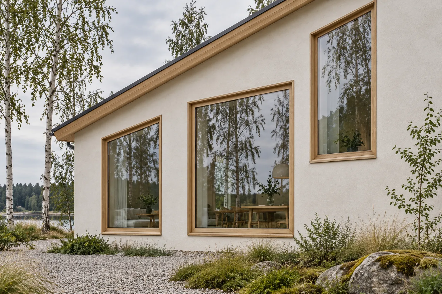 Arkitekturillustration av måttanpassade träfönster i en ljus putsad fasad med björkar
