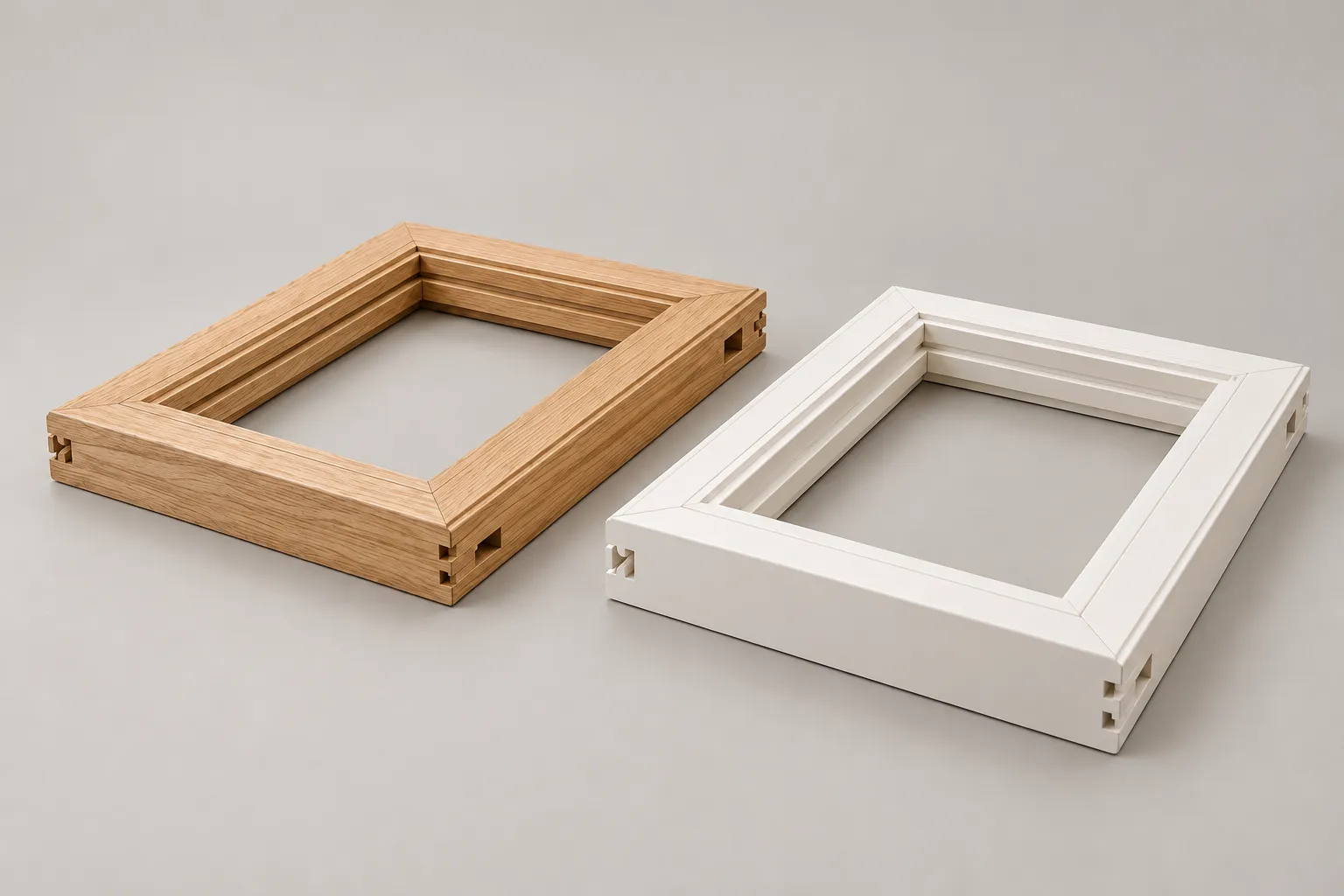 Timber frames with a visible wood-grain finish and white painted surface against a neutral background