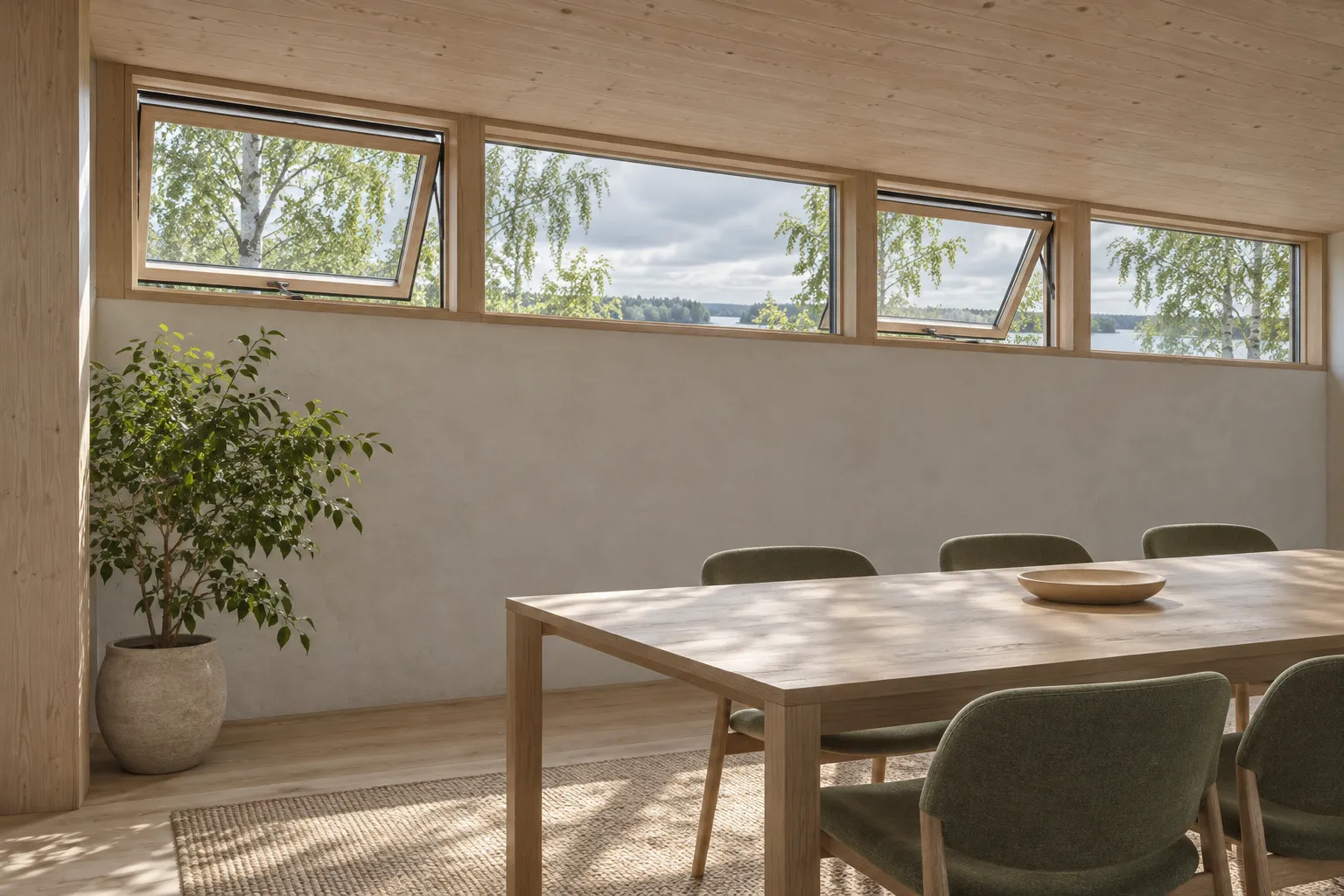 Architectural illustration of open high-level windows in a light Scandinavian room