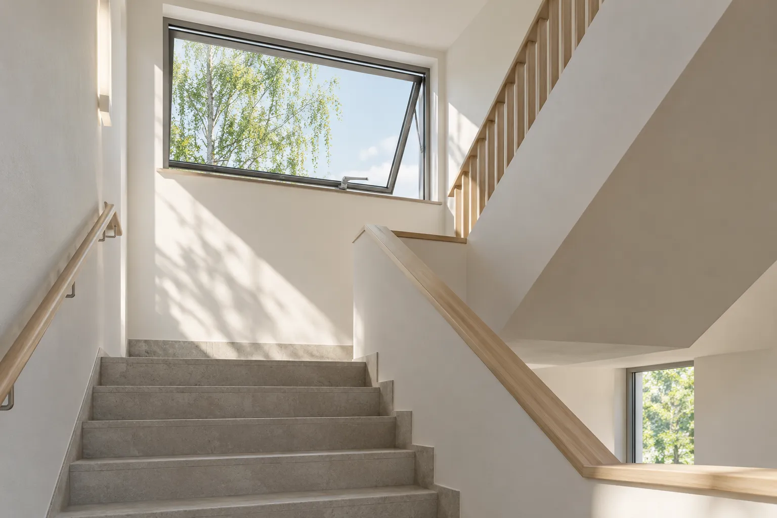 Architectural illustration of a stairwell with an open high-level window
