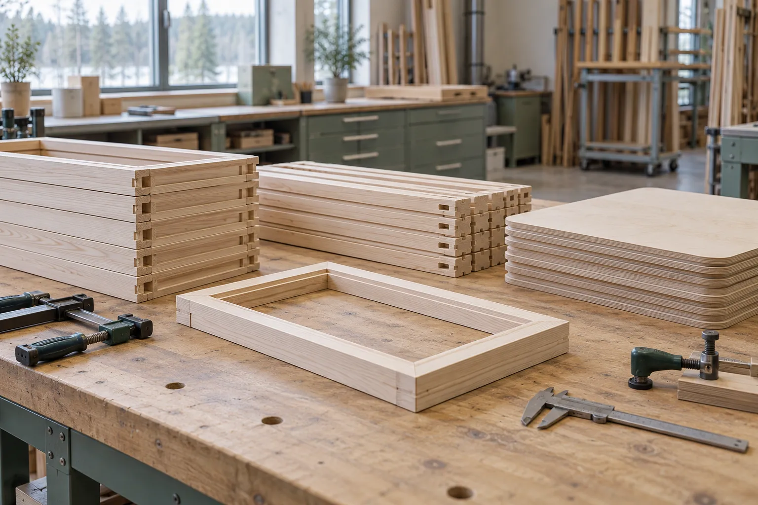 Illustration of batch-made timber components, plywood panels and an assembled frame on a workbench