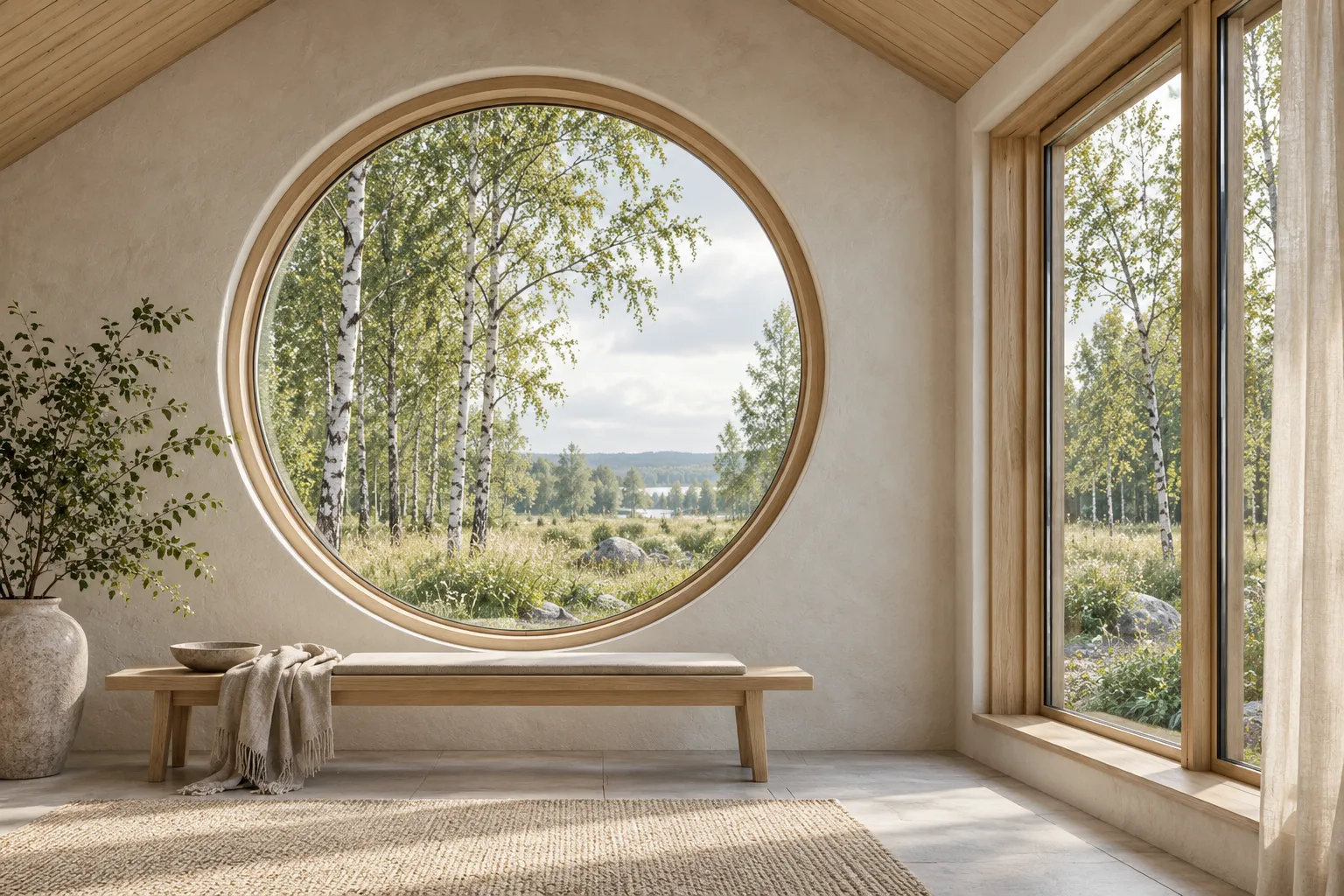 Architectural illustration of a round timber window and tall windows in a light Scandinavian interior