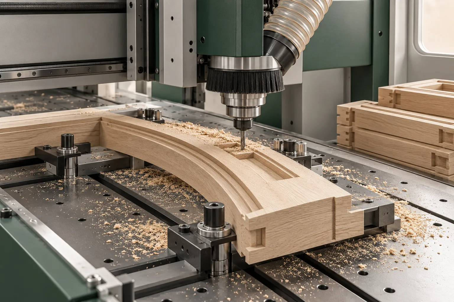 Scandinavian production illustration showing a routed timber profile secured on a CNC table